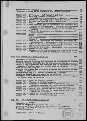 TABLE DES MATIERES : Conférences et réunions du 30 juillet au 5 août 1919. Sous-Titre : Conférences de la paix