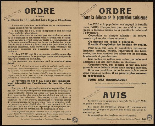 Ordre à tous les officiers des FFI... pour la défense de la population parisienne
