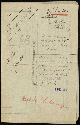 Documents et témoignages recueillis par Chapelant père. 27 novembre 1920 au 27 mars 1923