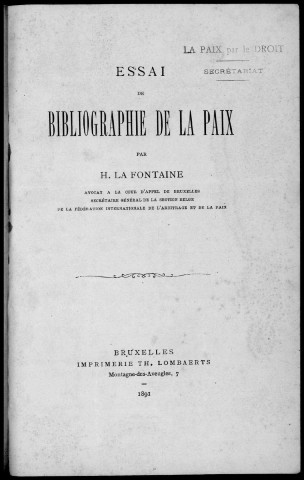 Essai de blibliographie de la Paix