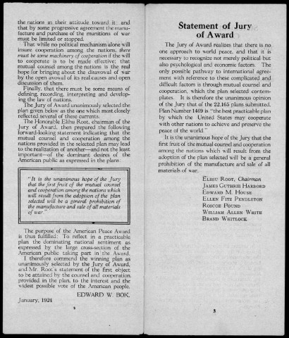 The winning plan selected by the jury of the American Peace Award. Sous-Titre : offered by Edward W. Bok for the best pacticable plan by which the United States may cooperate with other nations to achieve and preserve the peace of the world is hereby submitted to the vote of the American people