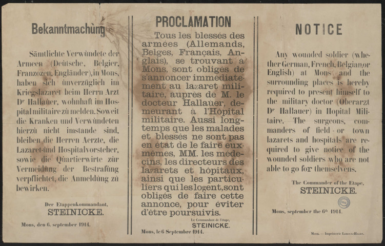 Sämtliche Verwùndete der Armeen...amp; ùnverzüglich im Kriegslazaret = Tous les blessés des armées...amp; se trouvant à Mons, sont obligés de s'annoncer immédiatement au lazaret militaire = Any wounded soldier...amp; at Mons and the surrounding places is hereby required to present himself to the military doctor