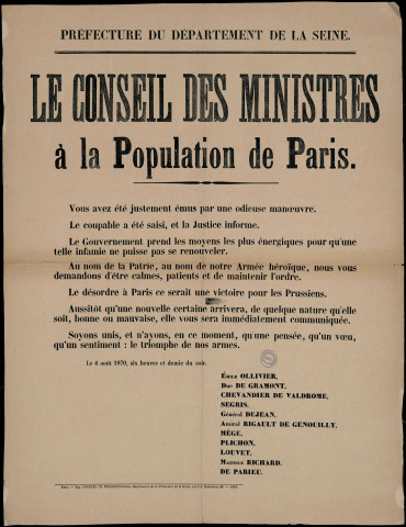 Le Conseil des Ministres à la population de Paris : n'ayons… qu'une pensée… le triomphe de nos armes…