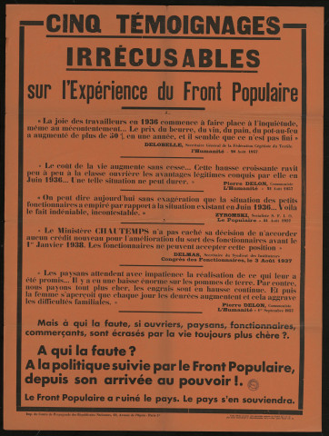 Cinq témoignages irrécusables sur l'expérience du Parti politique : Front populaire