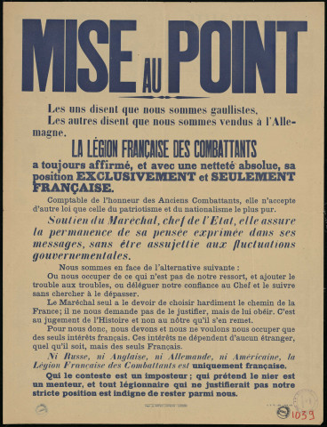 Mise au point : la Légion française des Combattants a toujours affirmé... Sa position exclusivement et seulement française