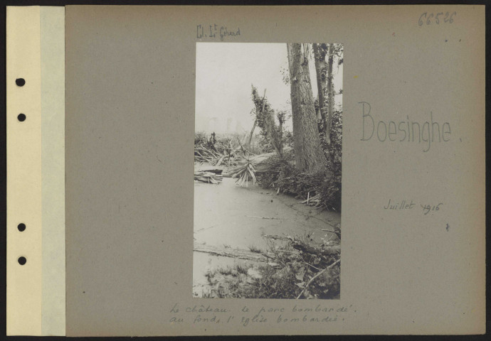 Boesinghe. Le château. Le parc bombardé. Au fond, l'église bombardée