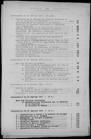 TABLE DES MATIERES : Conférences et réunions du 23 janvier au 8 février 1919. Sous-Titre : Conférences de la paix