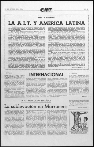 Cenit (1984 ; n° 48-94). Sous-Titre : órgano de la CNT-AIT Regional del Exterior, portavoz de la CNT de España. Autre titre : Fusion de : "CNT (Toulouse)", ISSN 0754-0582, interdit en 1961 et de : "Solidaridad obrera (Paris)", ISSN 0180-0523, disparu après la publication du numéro 3 en novembre 1976