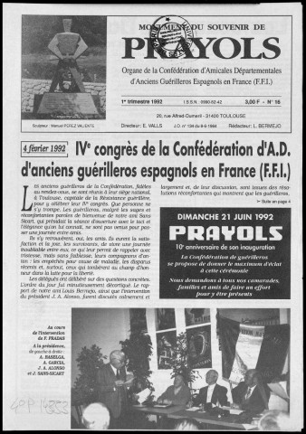 Monument du souvenir de Prayols (1992 : n° 16-18). Sous-Titre : organe de la Confédération d'Amicales Départementales d'Anciens Guerilleros Espagnols en France (F.F.I.)
