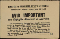 Avis important aux réfugiés Alsaciens et Lorrains