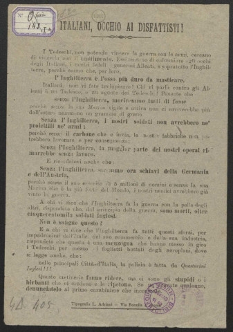 Guerre mondiale 1914-1918. Italie.Tracts de propagande patriotique. Alliés