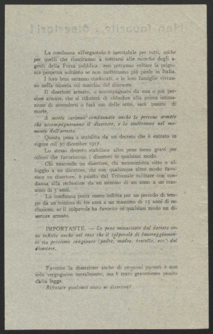 Guerre mondiale 1914-1918. Italie.Tracts de propagande patriotique. Déserteurs