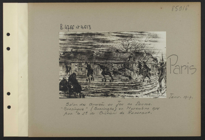 Paris. Salon des Armées. Au Jeu de paume. "Boesingue" (Boesinghe) en novembre 1914 par le lieutenant de Cristiani de Ravarant