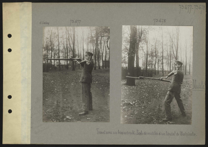 [S.l.] (Westphalie). Mutilé tirant avec un bras articulé. École de mutilés d'un hôpital