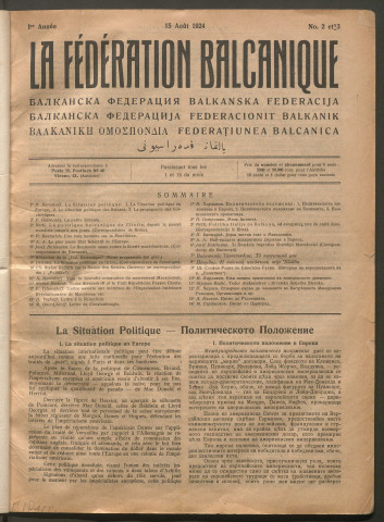Août 1924 - La Fédération balkanique