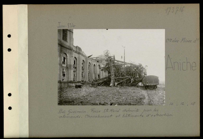 Aniche (Compagnie des mines d'). Près Guesnain. Fosse Saint-René détruite par les Allemands. Chevalement et bâtiments d'extraction