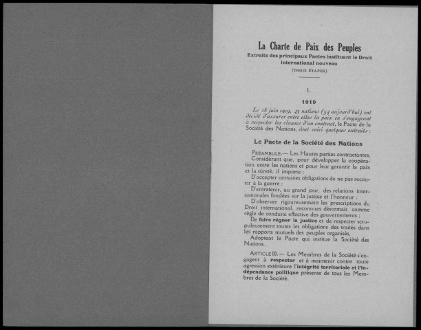 La charte de paix des peuples, extraits des principaux pactes instituant le droit international nouveau. Sous-Titre : Trois étapes, 1919-1928