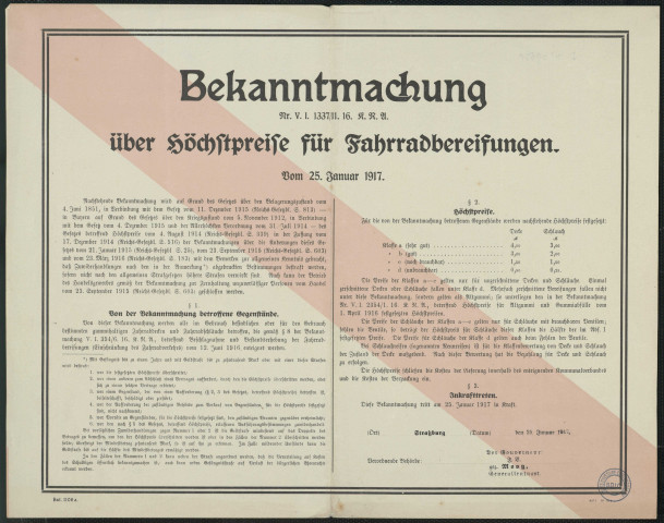 Bekanntmachung über Höchstpreise für Fahrradbereifungen