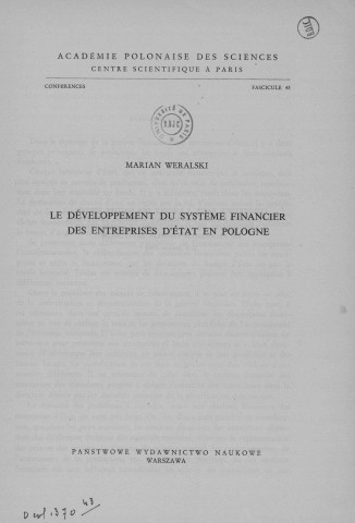 Conférences (1963; n°43-45; 47)  Sous-Titre : Académie Polonaise des Sciences et Lettres Centre polonais de recherches scientifiques de Paris
