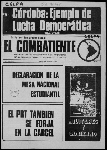 El Combatiente n°181, 3 de septiembre de 1975. Sous-Titre : Organo del Partido Revolucionario de los Trabajadores por la revolución obrera latinoamericana y socialista