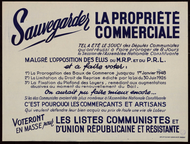 Sauvegarder la propriété commerciale... Les commerçants et artisans... voteront pour les listes communistes et d'union républicaine et résistante