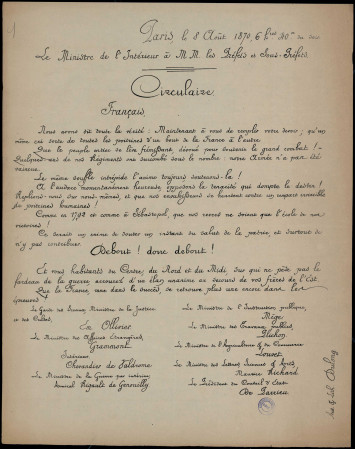 Circulaire manuscrite exhortant les Français à combattre