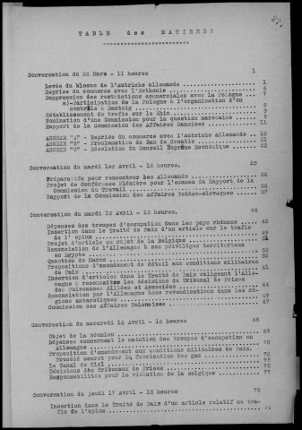 TABLE DES MATIERES : Conférences et réunions du 28 mars au 4 mai 1919. Sous-Titre : Conférences de la paix