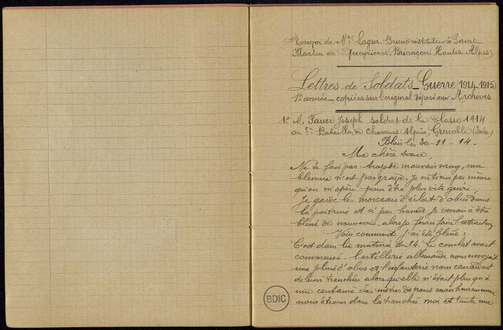 Lettres de soldats. 1914-1915. Pro Patria. Envoi de M. Lagier, instituteur à Saint-Martin de Queyrières, Briançon (Hautes-Alpes).