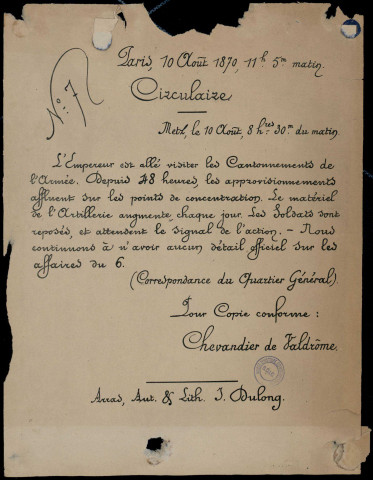Circulaire : l'Empereur est allé visiter les cantonnements de l'armée…