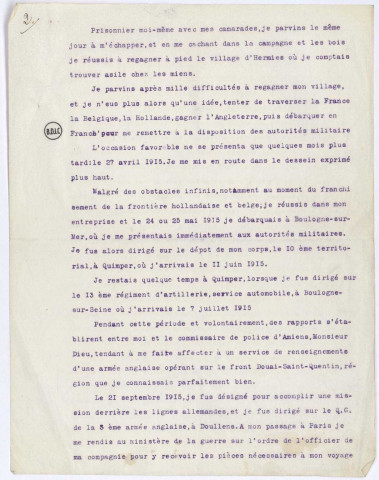 Cambrai (59) : Document relatant la conduite de Marié Victor