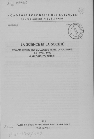 Conférences (1975; n°109-110)  Sous-Titre : Académie Polonaise des Sciences et Lettres Centre polonais de recherches scientifiques de Paris