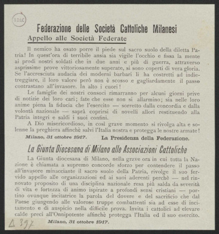 Guerre mondiale 1914-1918. Italie.Tracts de propagande patriotique. Bataille de Caporetto et ses suites