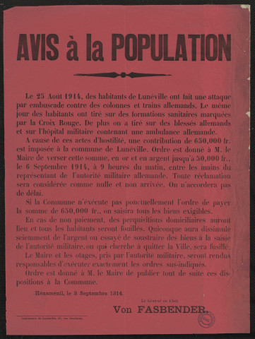 Le 25 août 1914, des habitants de Lunéville ont fait une attaque par embuscade contre des colones et trains allemands & une contribution & est imposée à la commune