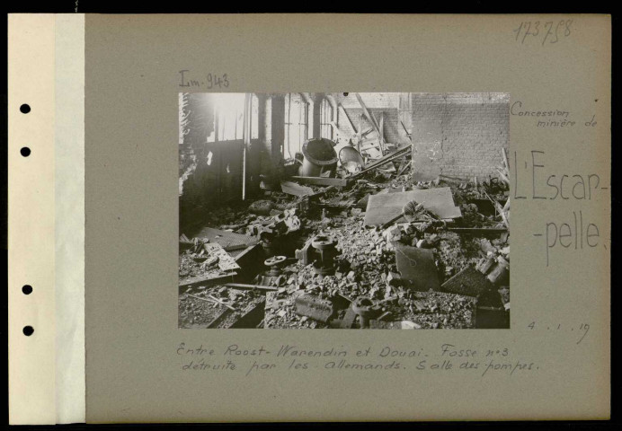 L'Escarpelle (Concession minière de). Entre Roost-Warendin et Douai. Fosse numéro 3 détruite par les Allemands. Salle des pompes