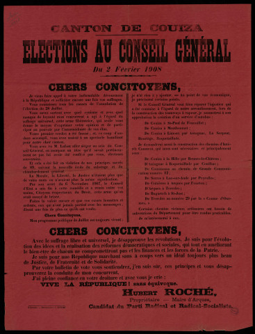 Canton de Couiza Élections au Conseil Général : Hubert Roché Candidat du Parti Radical et Radical-Socialiste