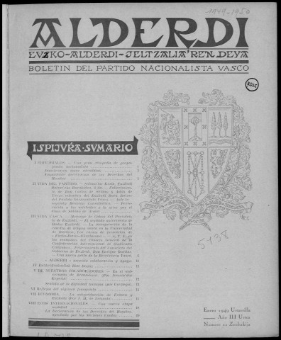 Alderdi (1949 : n° 22-33). Sous-Titre : Boletín del Partido nacionalista vasco