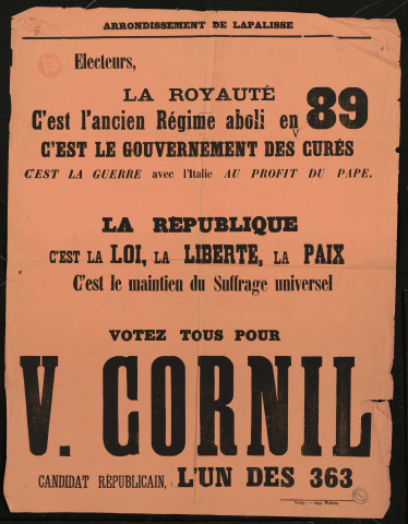 La République C'est le maintien du Suffrage universel : Votez tous pour V. Cornil