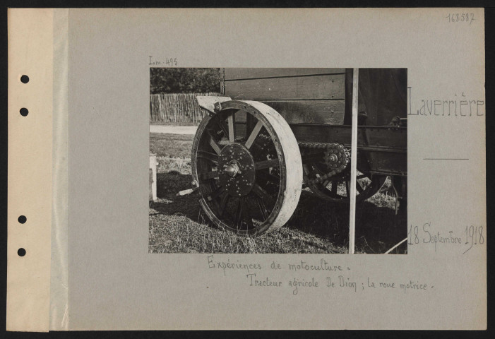 Laverrière. Expérience de motoculture : tracteur agricole De Dion ; la roue motrice