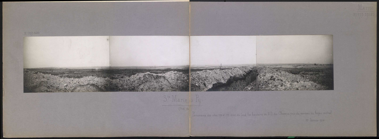 Sainte-Marie-à-Py (Sud de) (Marne). Panorama des cotes 170 et 171 avec, au fond, les hauteurs de Notre-Dame-des-Champs, pris du ponceau du boyau central