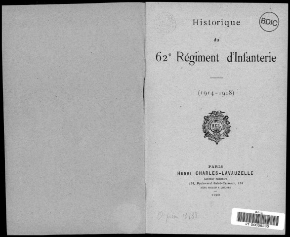 Historique du 62ème régiment d'infanterie