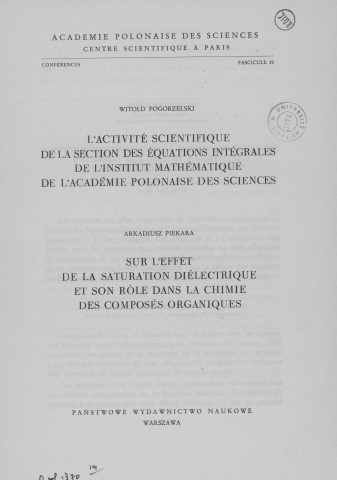 Conférences (1961; n°19; 22)  Sous-Titre : Académie Polonaise des Sciences et Lettres Centre polonais de recherches scientifiques de Paris
