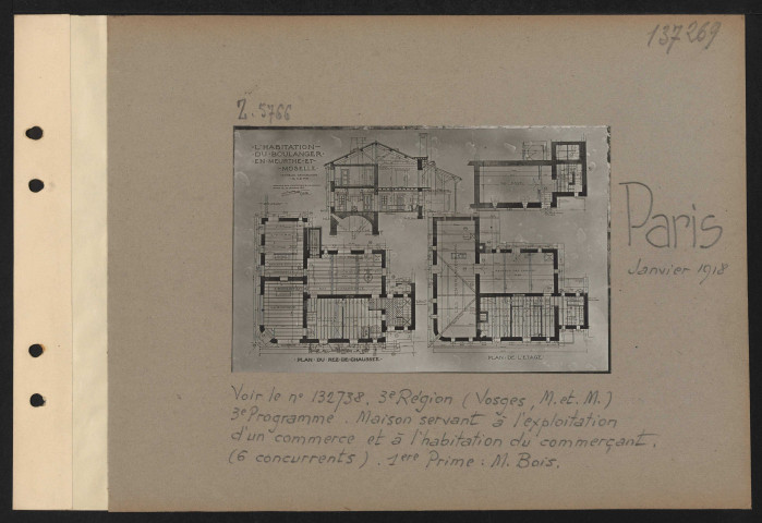 Paris. Musée des arts décoratifs. Exposition des projets d'architecture primés au concours pour la reconstruction des habitations rurales dans les départements envahis. Troisième région (Vosges, Meurthe et Moselle). Troisième programme. Maison servant à l'exploitation d'un commerce et à l'habitation du commerçant (6 concurrents). Première prime : M. Bois