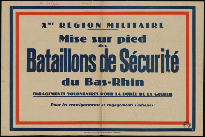 Mises sur pied des bataillons de sécurité du Bas-Rhin