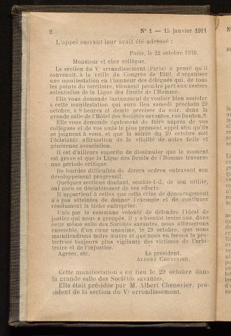 Janvier 1911 - Bulletin officiel de la Ligue des Droits de l'Homme