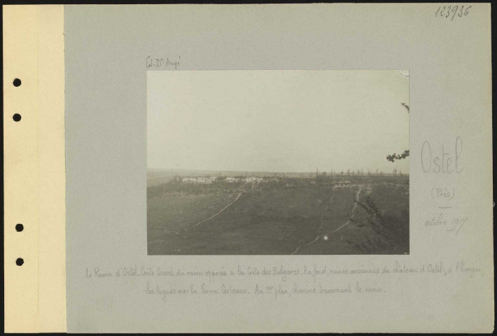 Ostel (près). Le ravin d'Ostel. Crête ouest du ravin opposée à la crête des Bulgares. Au fond, ruines anciennes du château d'Ostel, à l'horizon, les lignes vers la ferme Certeaux. Au premier plan, chemins traversant le ravin