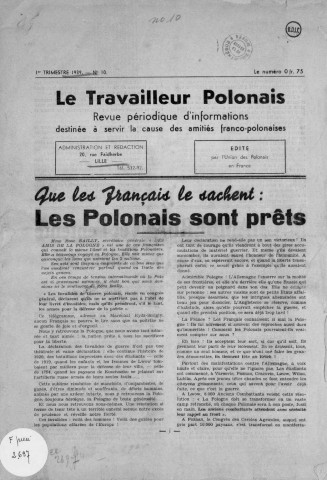 Le Travailleur Polonais (1939, n°10)  Sous-Titre : Revue périodique d'informations destinée à servir la cause des amitiés franco-polonaises