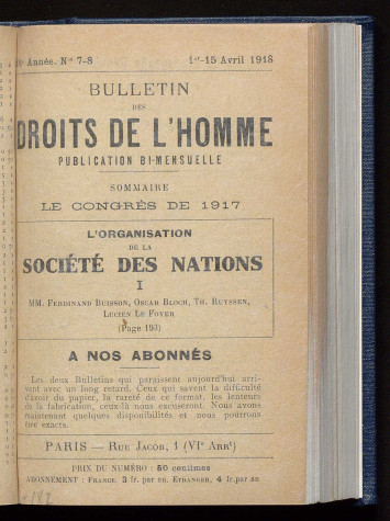 Une du bulletin sur le congrès de 1917 et l'organisation de la Société des Nations