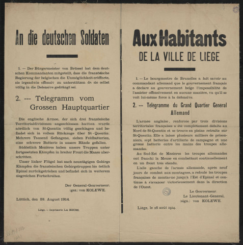 Der Bürgemeiser von Brüssel hat dem deutschen Kommandanten mit geteilt, dass die französische Regierung der belgischen die Unmöglichkeit eröffnete, sie irgendwie offensiv zu unterstützen da sie selbst völlig in die Defensive gedrängt sei = Le bourgmestre de Bruxelle a fait savoir au commandant allemand que le gouvernement français a déclaré au gouvernement belge l'impossibilité de l'assister offensivement en aucune manière, vu qu'il se voit lui-même forcé à la défensive