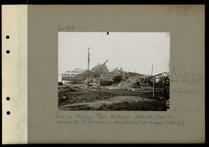 Aniche (Compagnie des mines d'). Sud de Masny. Fosse Vuillemin détruite par les Allemands. Compresseur, chevalement et triage (côté ouest)
