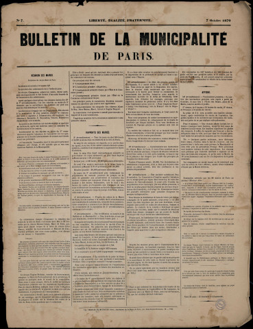 Bulletin de la municipalité de Paris n° 7 : réunion des maires… Affiche…